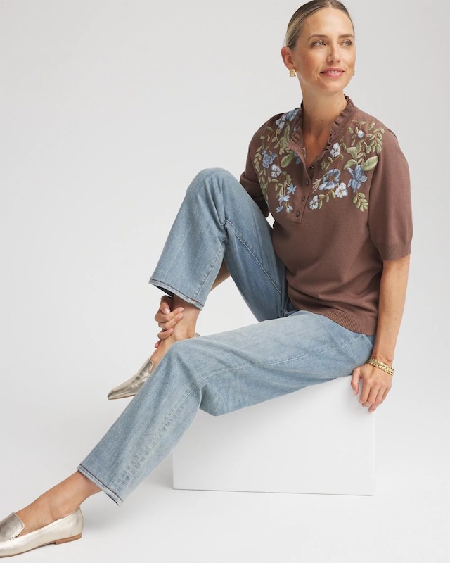 Embroidered Henley Pullover Sweater - image 2